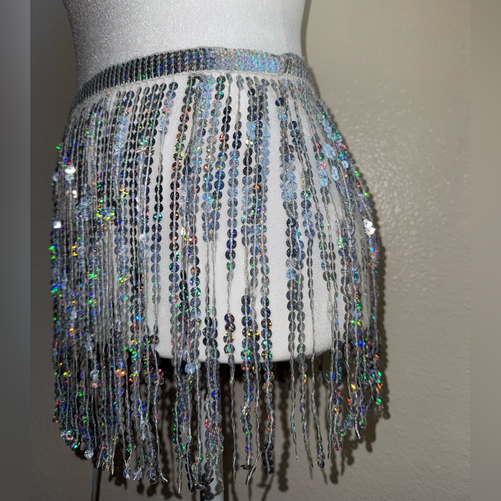 Holographic Silver Sequin Fringe Hip Scarf
